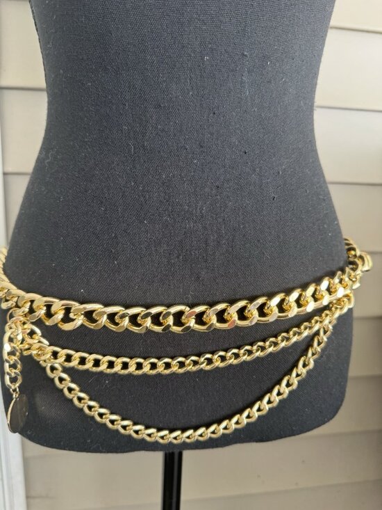 Belt Long Rope Link Chain Shiny Goldtone Adjustable 3 Layer Women\'s Y2K 33\